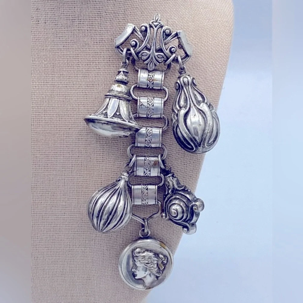 Vintage SilverTone Dangling Charm And Locket Brooch Very Unique 4 1/2” Long - Picture 8 of 9